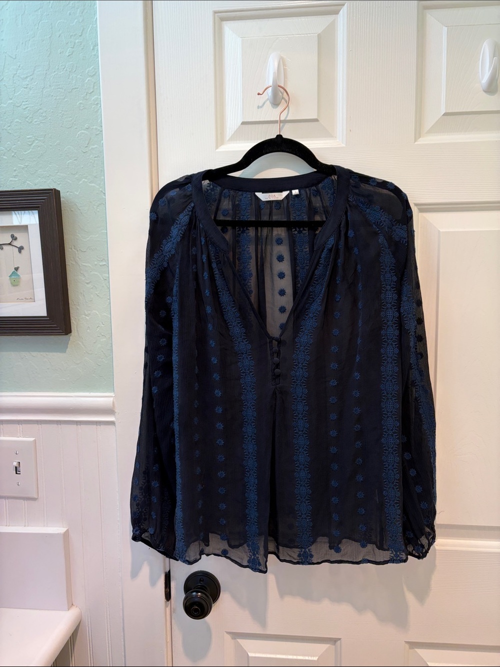 Sheer Navy Embroidered V-Neck Blouse